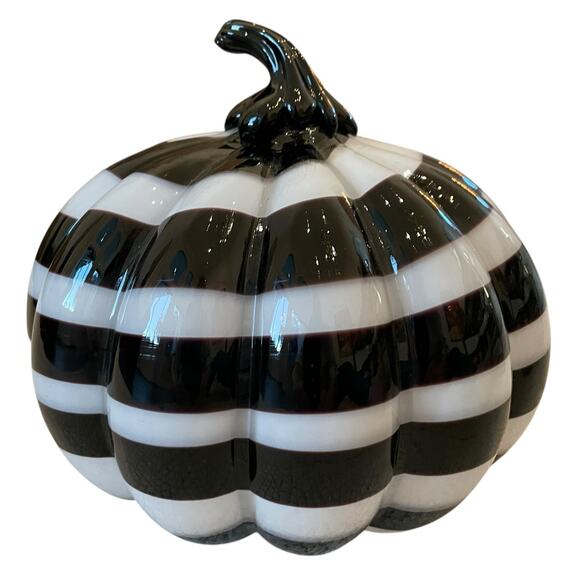 Christian Siriano Hand Blown Art Glass Pumpkin White Black Stripe Swirl 9x8 NEW - Picture 8 of 15